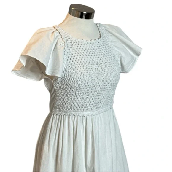 ZARA WHITE COTTON FLUTTER SLEEVE CROCHET BODICE CROSS BACK SUMMER MIDI DRESS - Picture 5 of 13